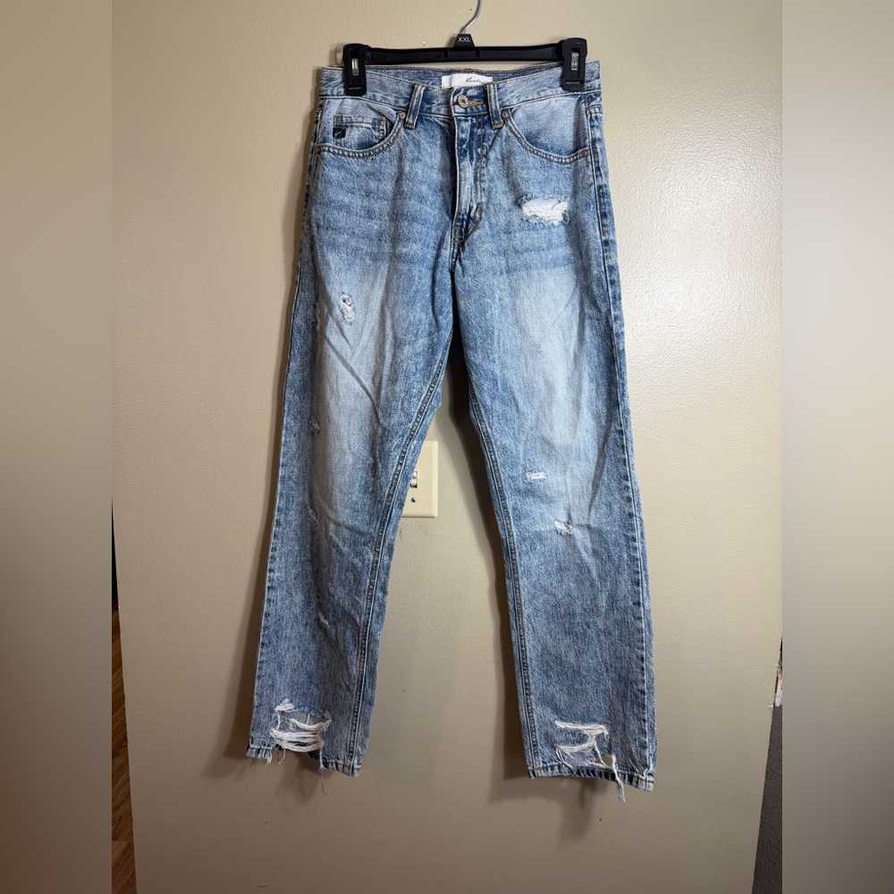 KanCan Distressed Straight Leg Jeans 3/25 Light Wash High Rise Raw Hem Y2K